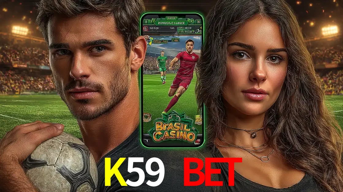 Homem segurando uma bola de futebol e uma mulher ao lado de um smartphone exibindo o jogo de apostas esportivas da K59 BET. Faça seu palpite no cassino online.